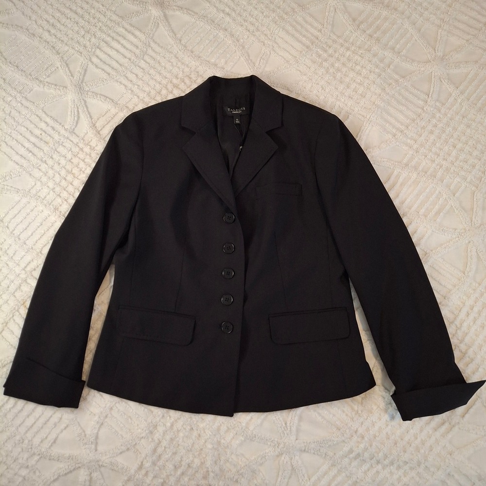 Talbots Womens 10 Blazer Black 5-Button Wool‎ Blend Cuffed Sleeve Professional